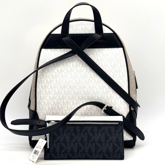 Michael Kors Rhea Medium Zip Backpack & Large Trifold Wallet Optic White Multi - Picture 5 of 13